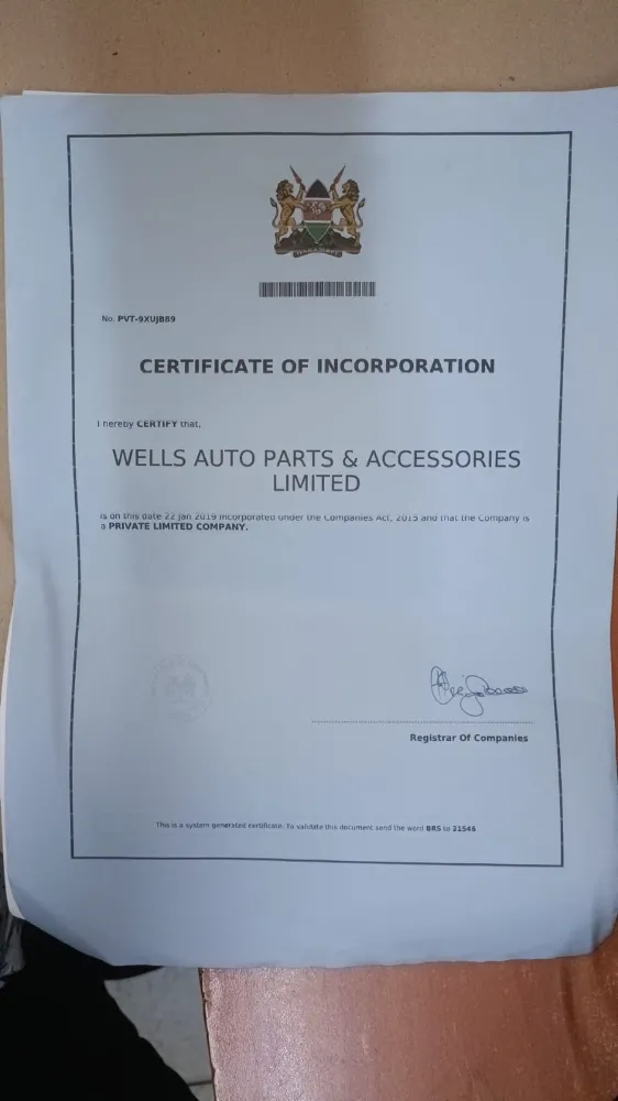 Wells Auto Parts - wells certficate